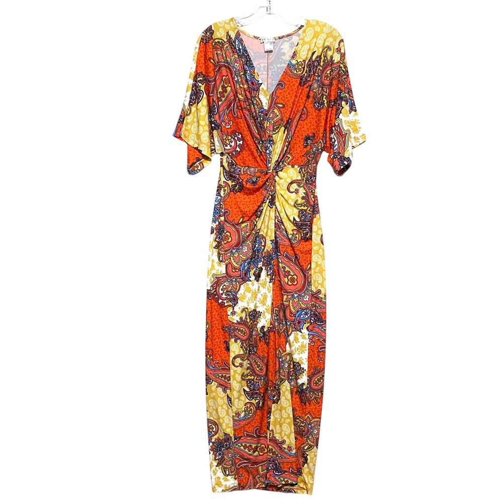 Venus Boho Paisley Twist Front Maxi Dress XS Orange Retro 70s Resort Vacation